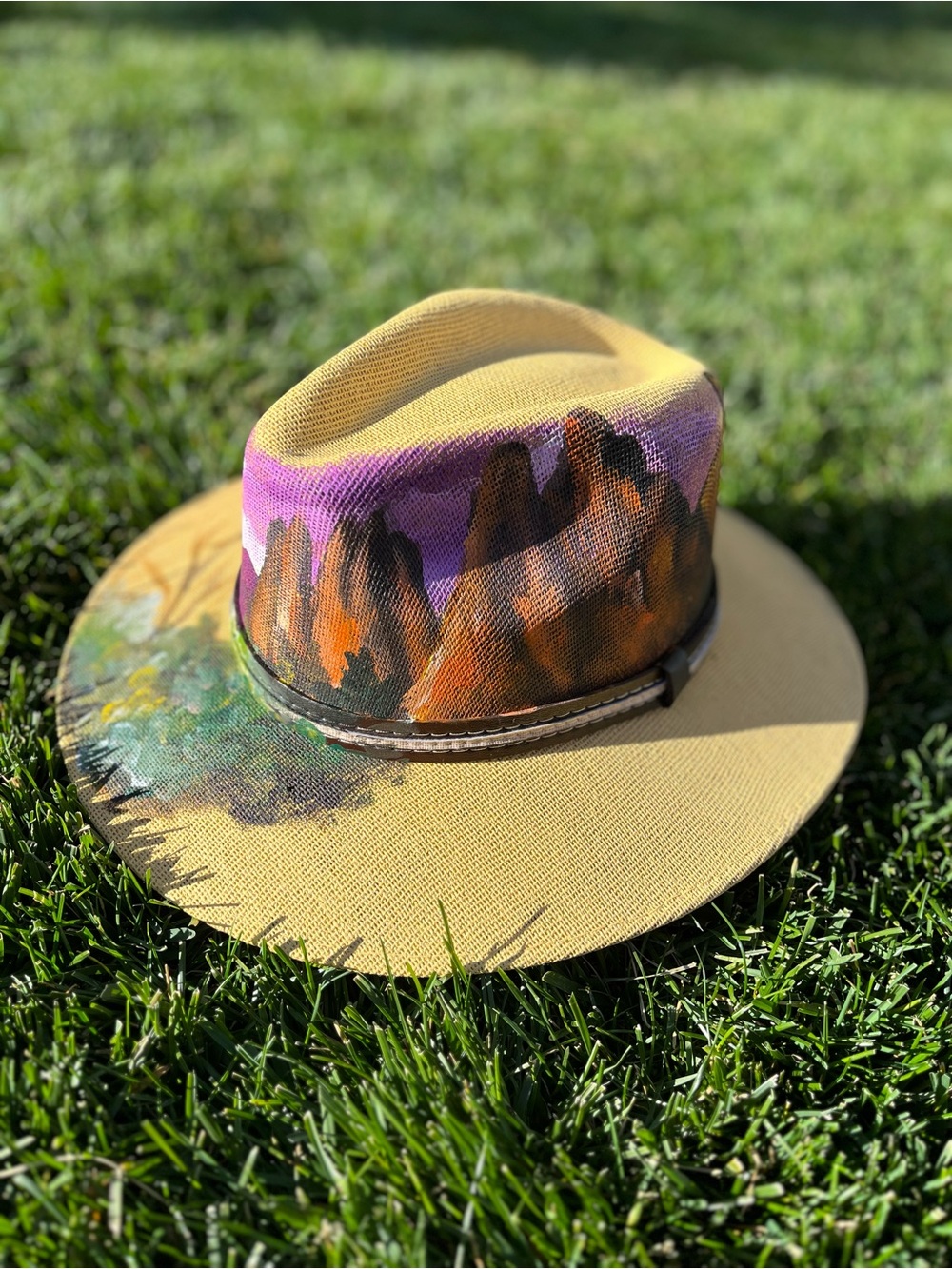 Hand-Painted Garden of the Gods Fedora - Yellow with Purple & Orange Accents